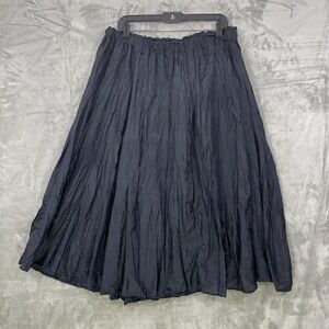 HARARI  100% Silk Elastic Waist Skirt One Size Black Pull On Midi Crinkle A-Line